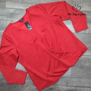 Alfani Plus Size Metallic Shimmer V Neck Long Sleeve Top Real Red NWT Size 1X